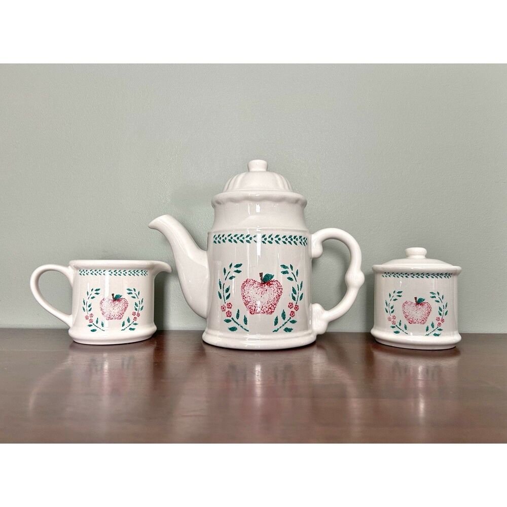 Country Apple Coffee Tea Set Teapot Creamer Sugar Ceramic Farmhouse Cottagecore